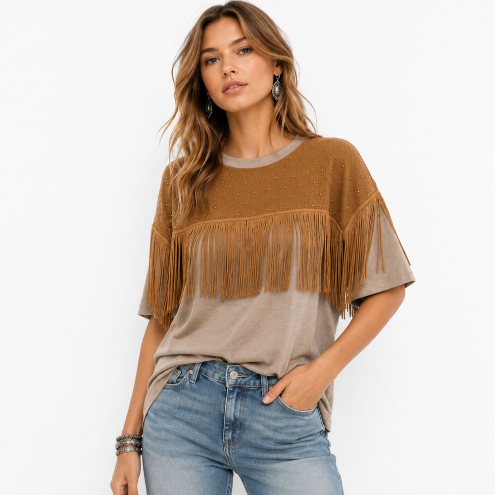 Buckle Sterling & Stitch Fringe Western Top Boho Festival Cowgirl Americana L